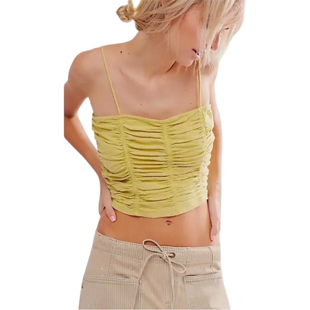 Free People‎ Belong Together Ruched Cami Top Size M Green Spaghetti Strap Crop